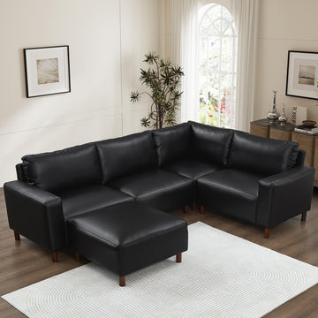 Faux Leather U-Shaped Sectional Couch with Solid Wood Legs, Mid Century Modern Modular Sofa with Ottoman, Comfort