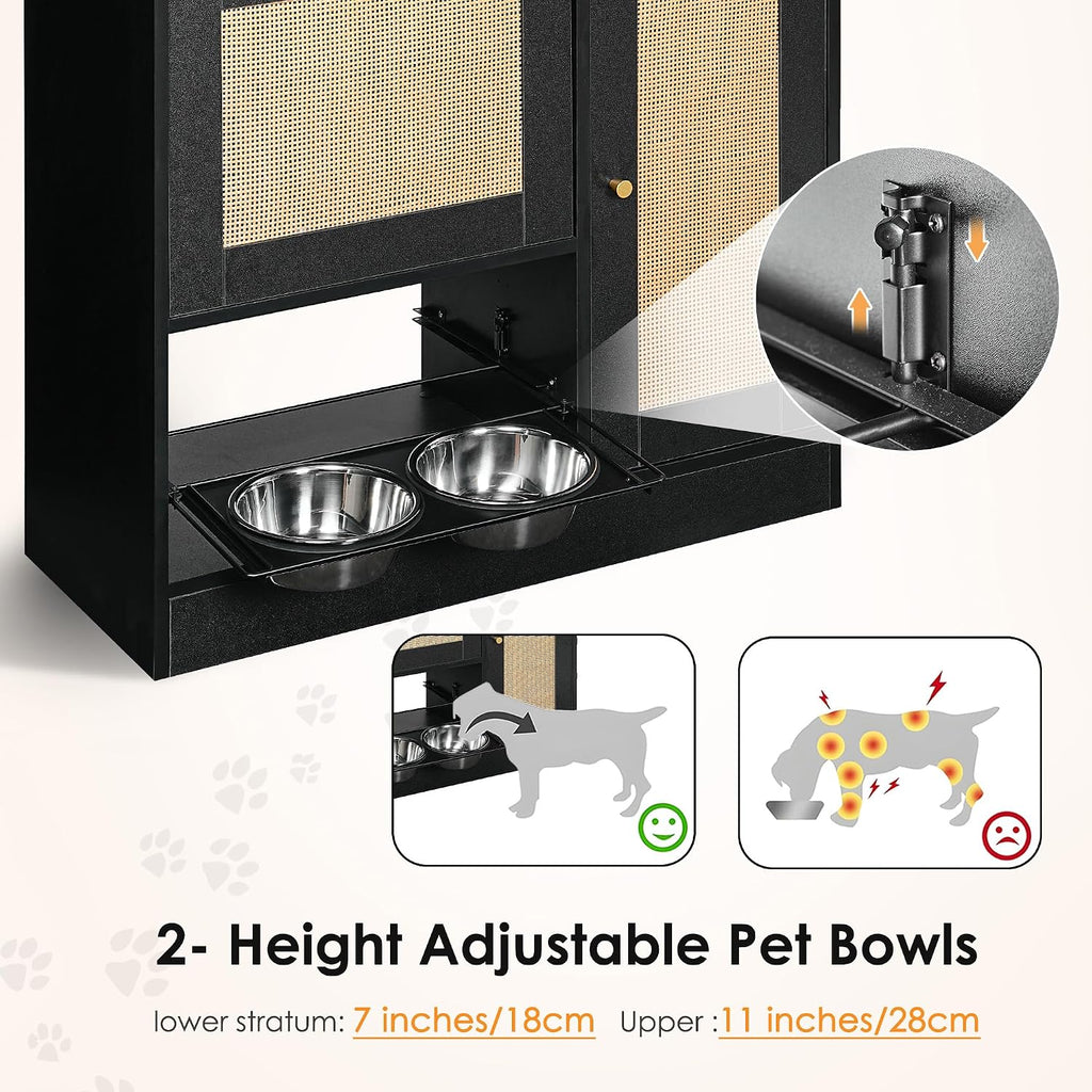 Dog Feeding Station with Rattan Storage Cabinet, Pet Feeder Cabinet with 2 Elevated Dog Bowls & Side Hooks, Pet Food