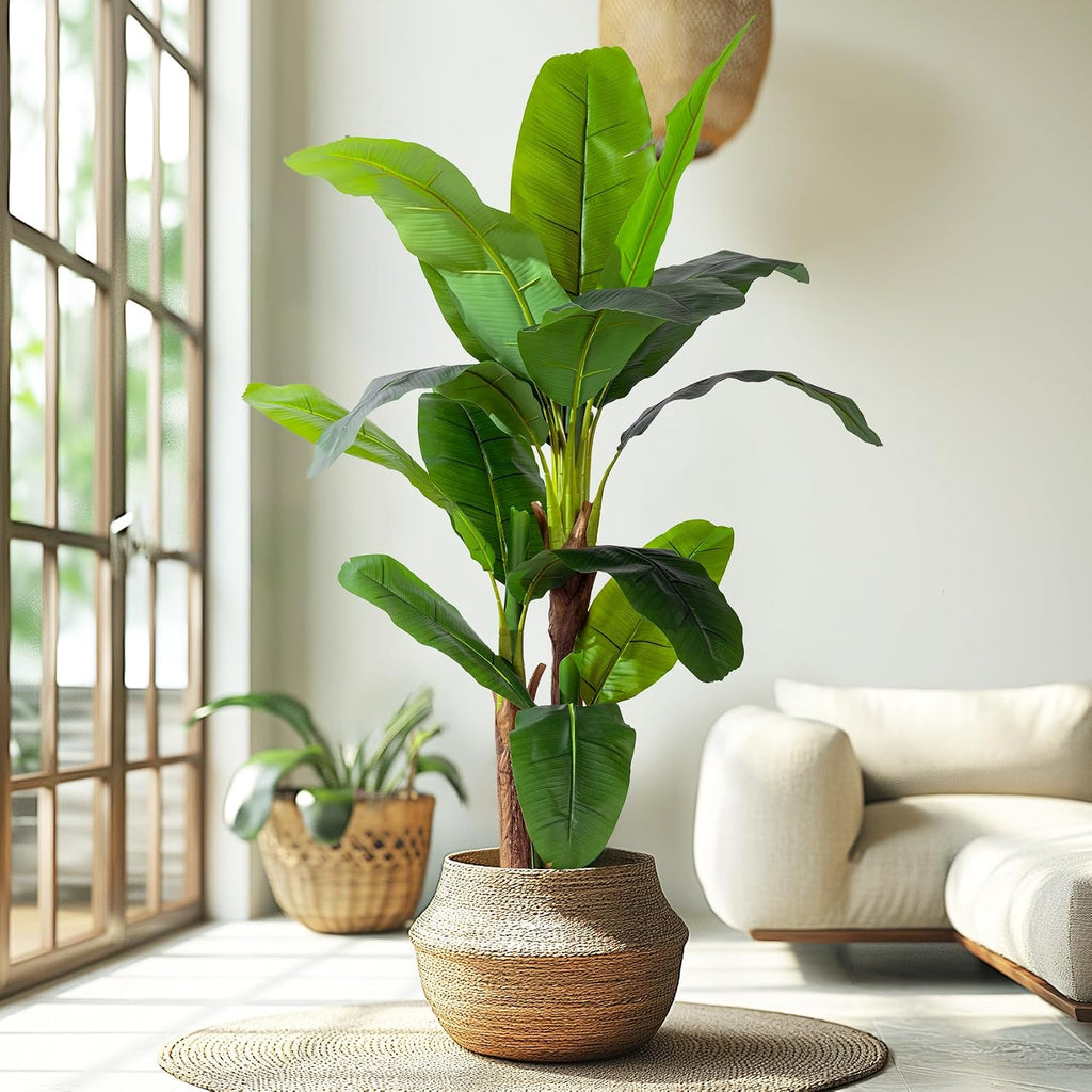 6FT Artificial Banana Tree, Lifelike Fake Banana Leaf Tropical Silk Tree, Easy Assembly Faux Floor Plant with Sturdy
