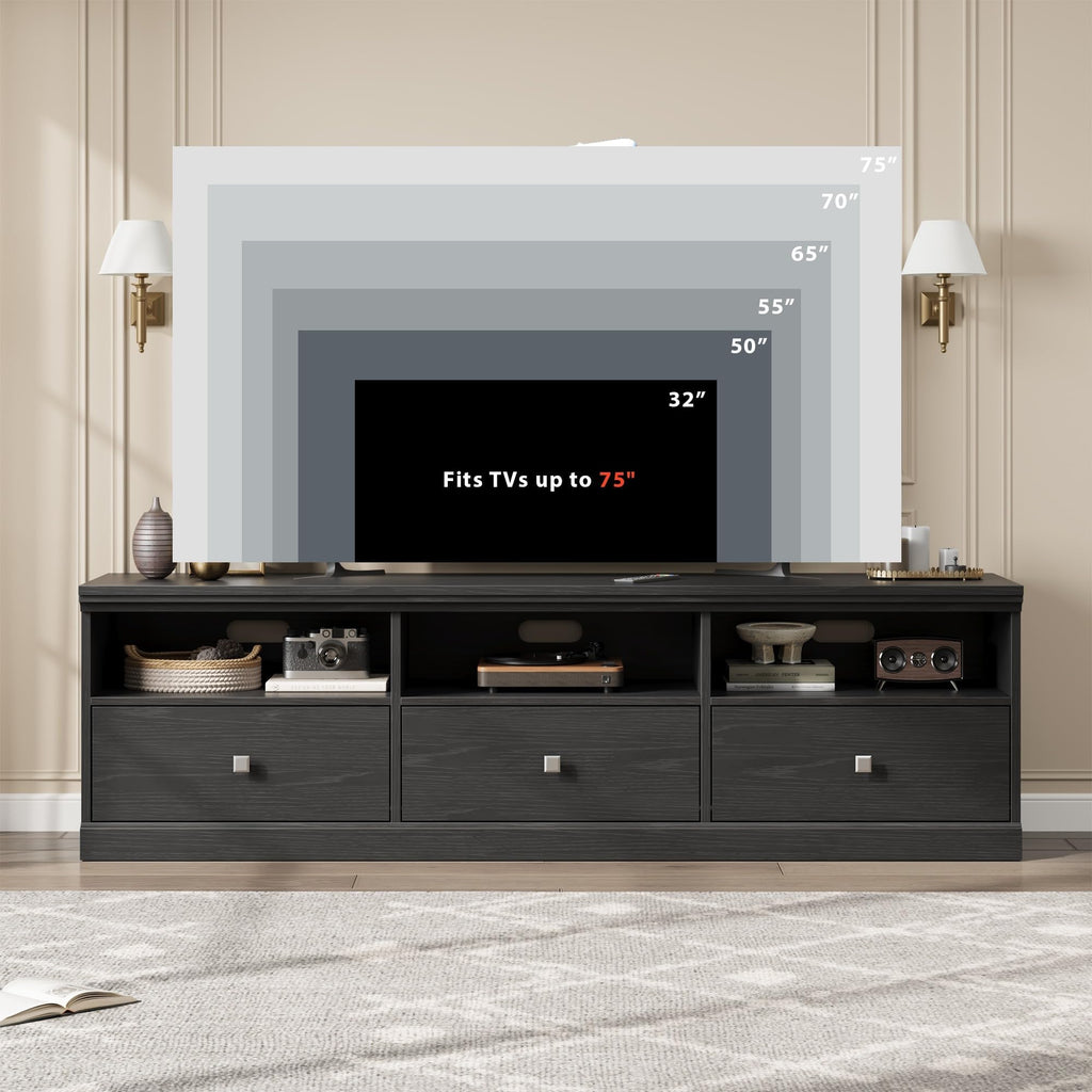 70 Inch Mid-Century Modern TV Stand for 65/70/75 in TV, Entertainment Center with 3 Storage Drawers & Open Shelves