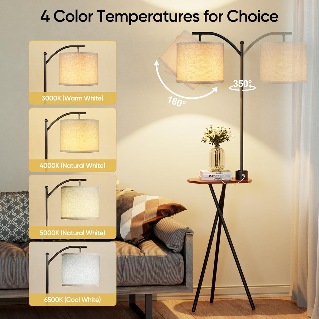 Floor Lamp with Table, End Table Lamp with Remote Control and Charging Station(USB A & Type-C & AC Port), 4 Color