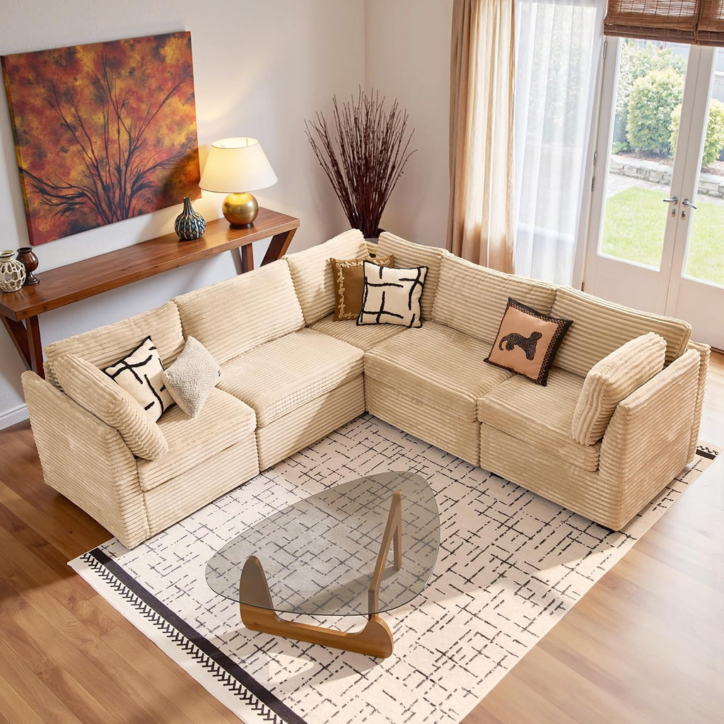 Modular Sectional Sofa,5 Pieces Sectional Couches ,98X98 L Shaped Cloud Couch Set Deep Seat(Beige Velvet Corduroy)