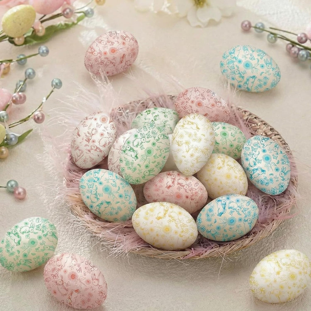 Easter Eggs Hanging Colorful Ornament, Toile de Jouy Style - Set of 24