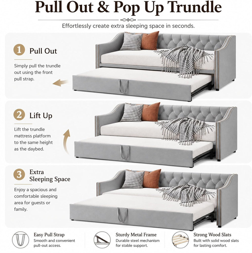 Twin Daybed with Pop Up Trundle, Twin to King Convertible Daybed Frame, Upholstered Daybed with Trundle, Pull Out