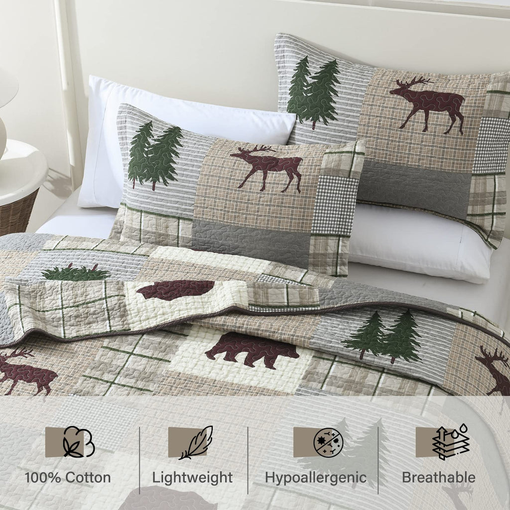 Quilt - 100% Cotton Lightweight Cabin Plaid Quilt Bedding Set, Forest Tree Brown Bear Deer Patchwork