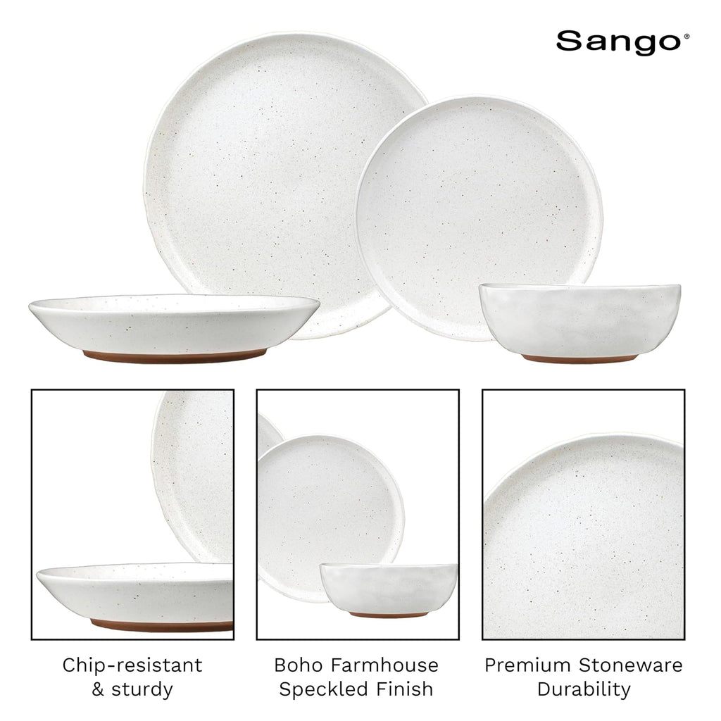 16-Piece Boho Farmhouse Stoneware Dinnerware Set for 4, Semi-Matte White Plates and Bowls Sets with Rustic Speckled