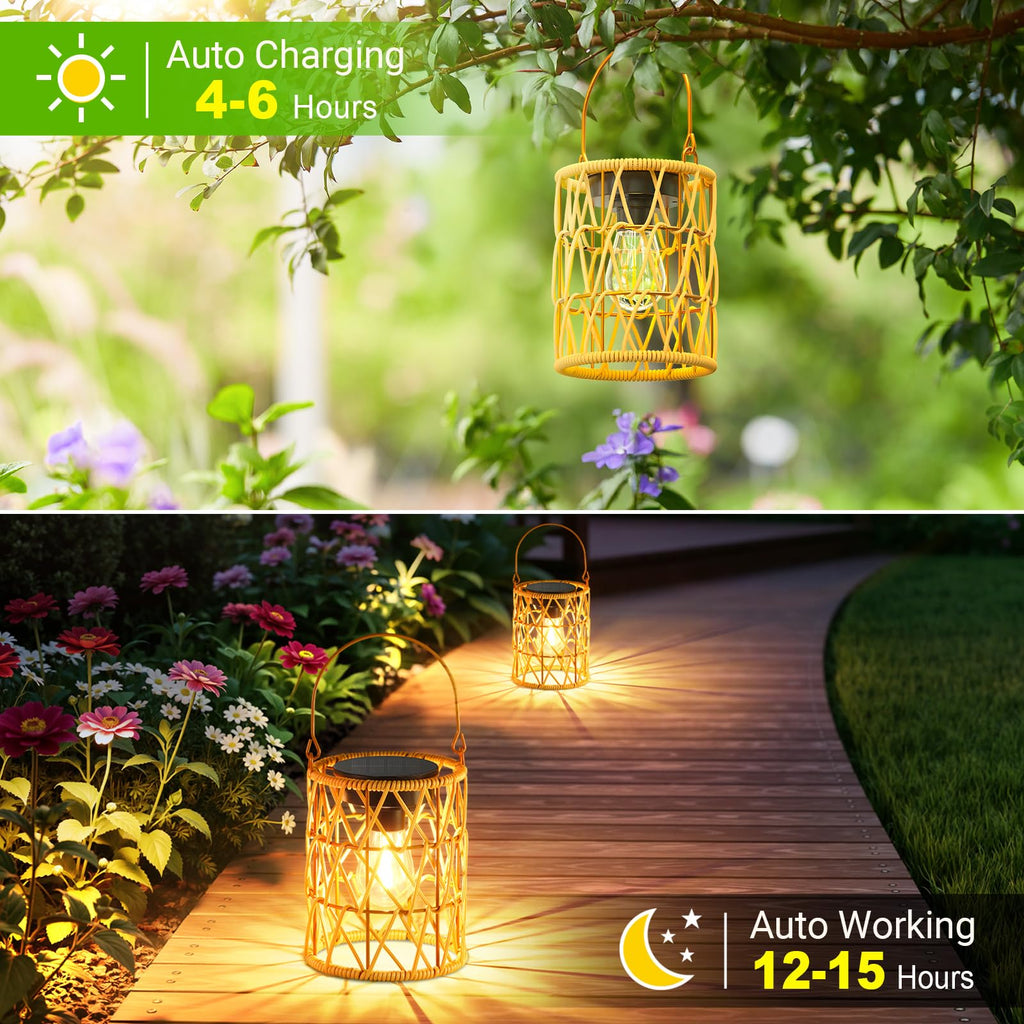 Solar Lantern Outdoor Lights, 4 Pack Bright Hanging Solar Lanterns Outdoor Waterproof with Handle, Decoration Rattan