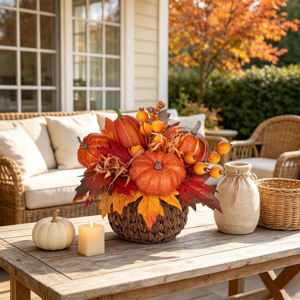 10" Artificial Pumpkin Fall Centerpiece with Woven Basket Centerpiece