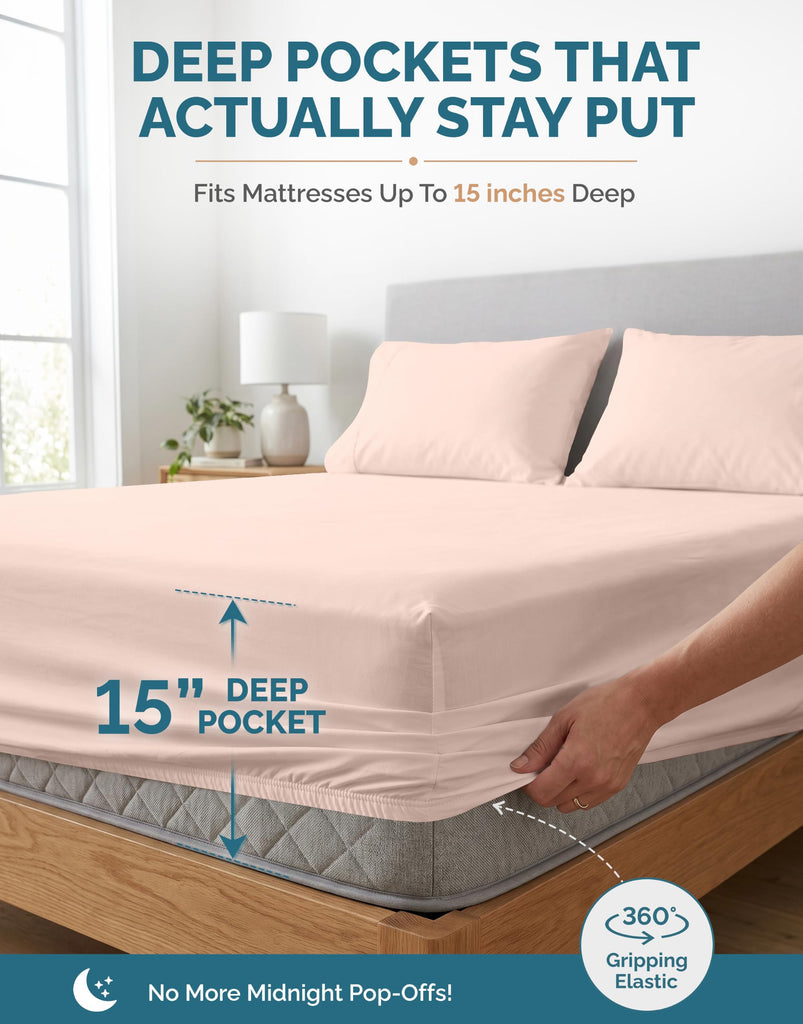 100% Cotton Twin Size Sheets Set - 4 Piece Crisp Percale Twin Size Cooling Sheets, Lightweight for Summer, with 15"