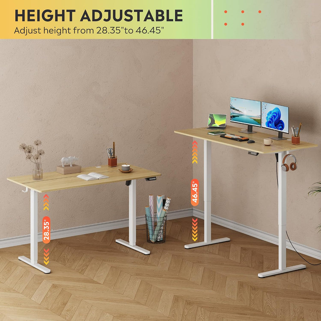 55 Inch Standing Desk with Split Top, Computer Desk, Maple | LED Touchscreen, Headphone Hook, 3 Memory Preset