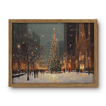Vintage Snowy Christmas Tree City Street scene Wall Art Framed 16x24 Inch