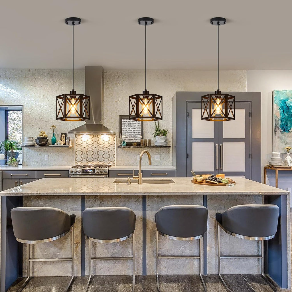 2 Pack Farmhouse Pendant Lights, Modern Black Hanging Light Fixture with Hexagonal Cage, Industrial Metal Ceiling