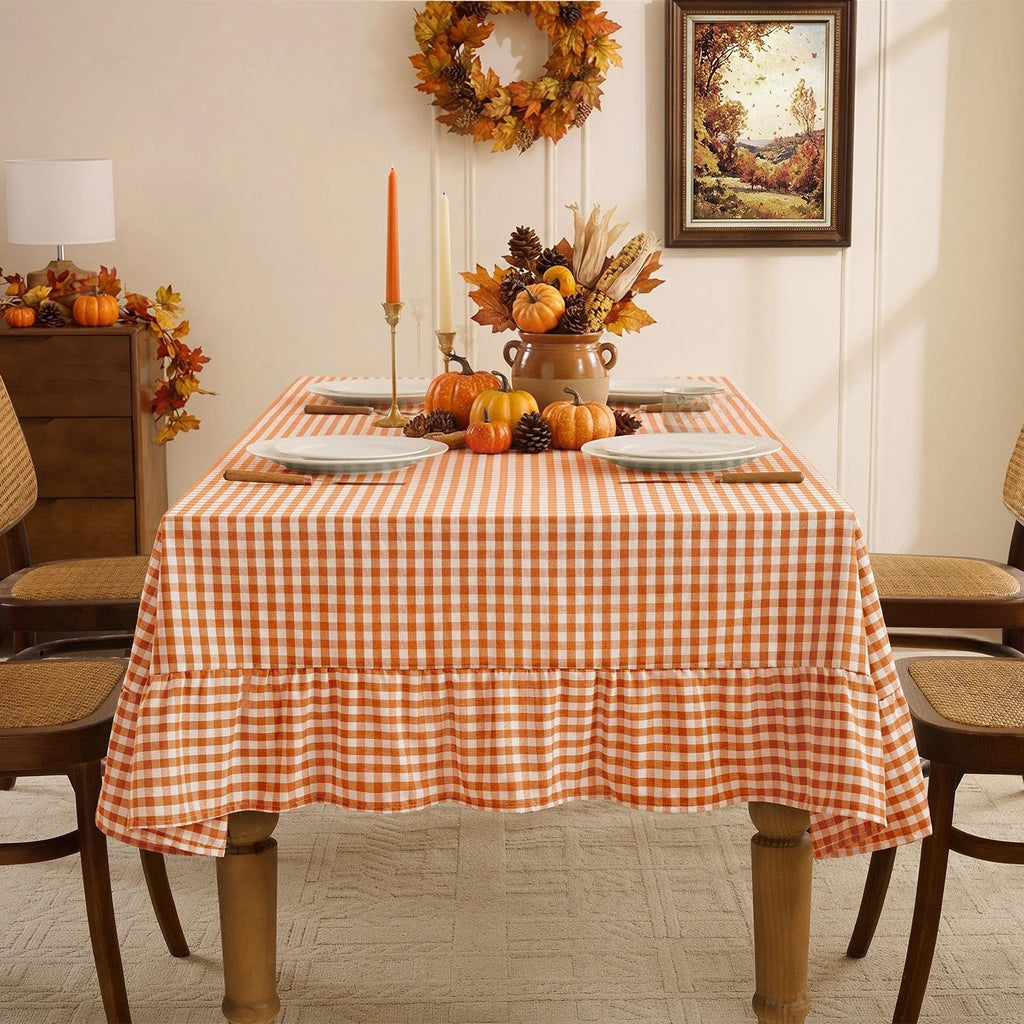 Fall Gingham Ruffled Tablecloth Rectangle, 60 x 102 Inch Orange