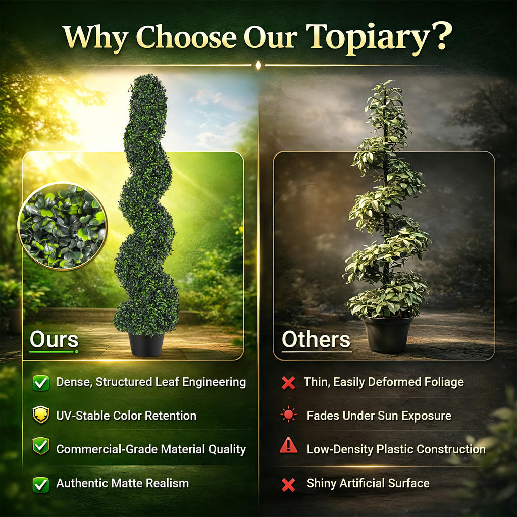4FT Artificial Boxwood Spiral Topiary Trees Set of 2, UV Resistant Faux Evergreen Topiary Plants in Pots, Outdoor