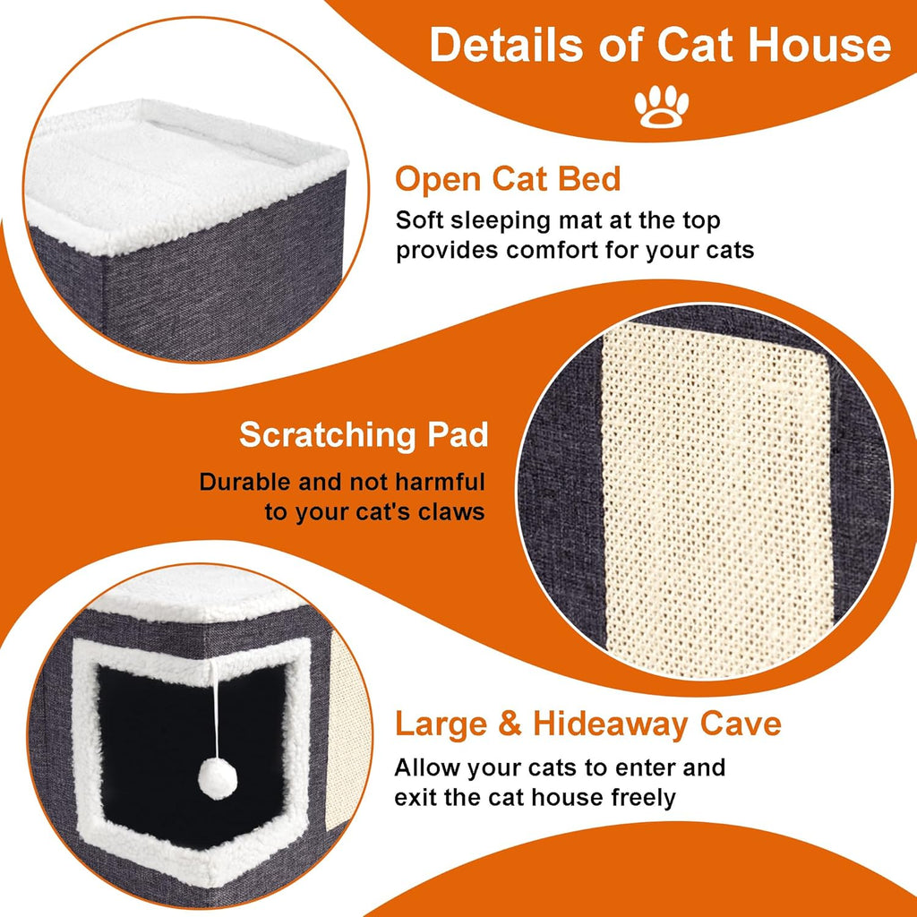 Cat Houses for Indoor Cats - Large Cat Bed Cave with Scratch Pad and Fluffy Ball, Foldable Cat Condo Hideaway