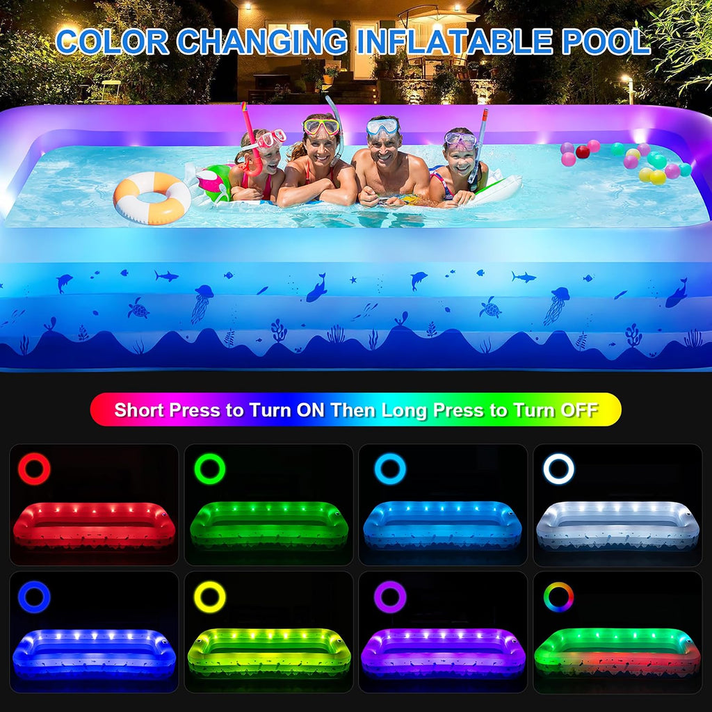 Large Inflatable Pools with Lights, 145" X 74" X 22" Family Inflatable Swimming Pools for Adults, Blow Up Pool Solar