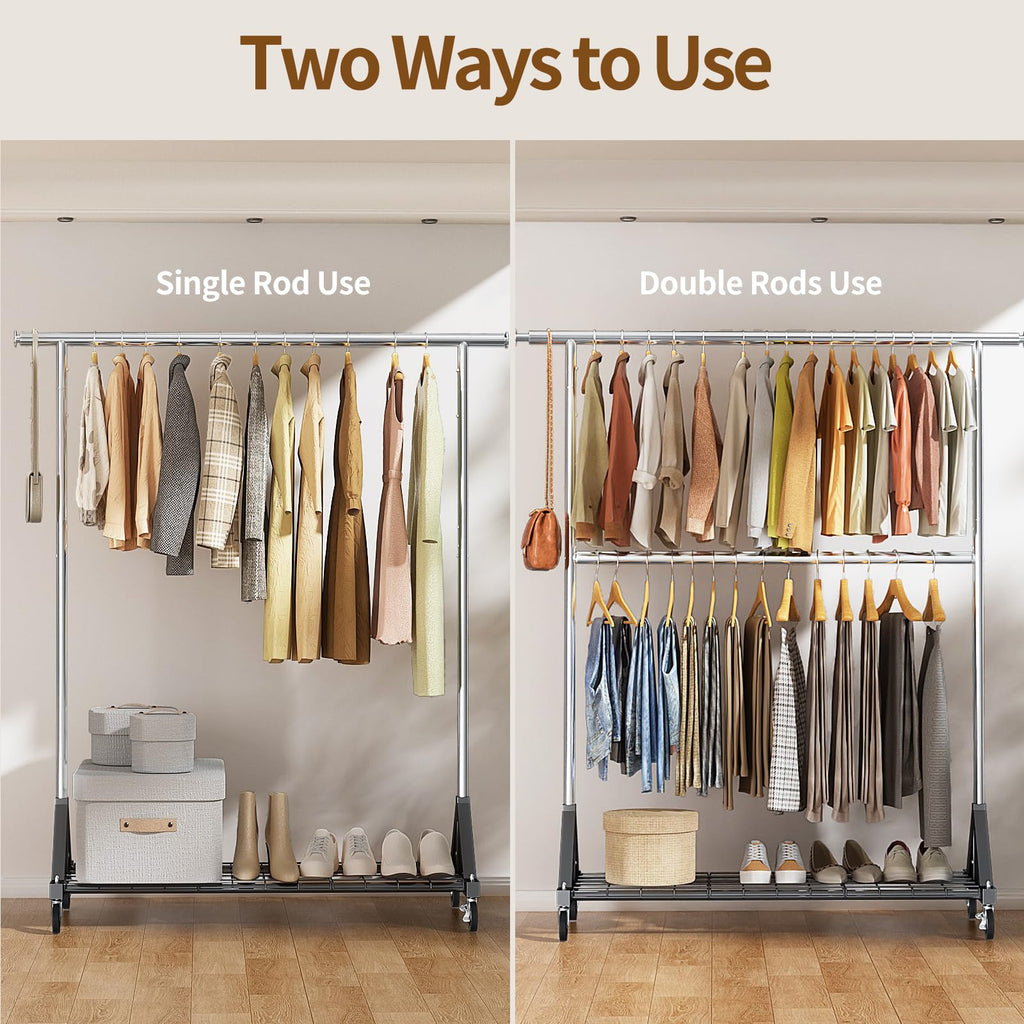 Heavy Duty Clothes Rack with Lockable Wheels Load 600 LBS, Silver