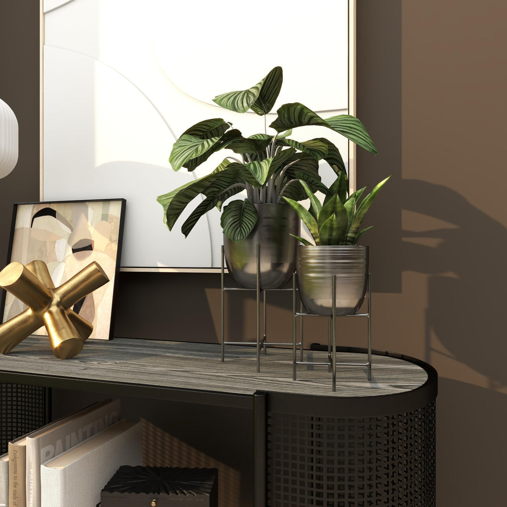 Metal Small Brushed Dome Planter with Removable Stand, Set of 2 12", 9"H, Gray