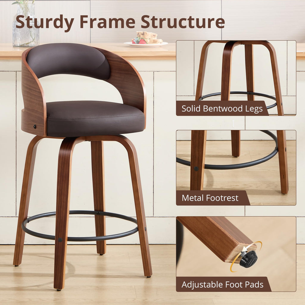 Swivel Bar Stool Set of 1, 26" Faux Leather Upholstered Counter Height Barstool with Back, Mid-Century Modern Bar Chair