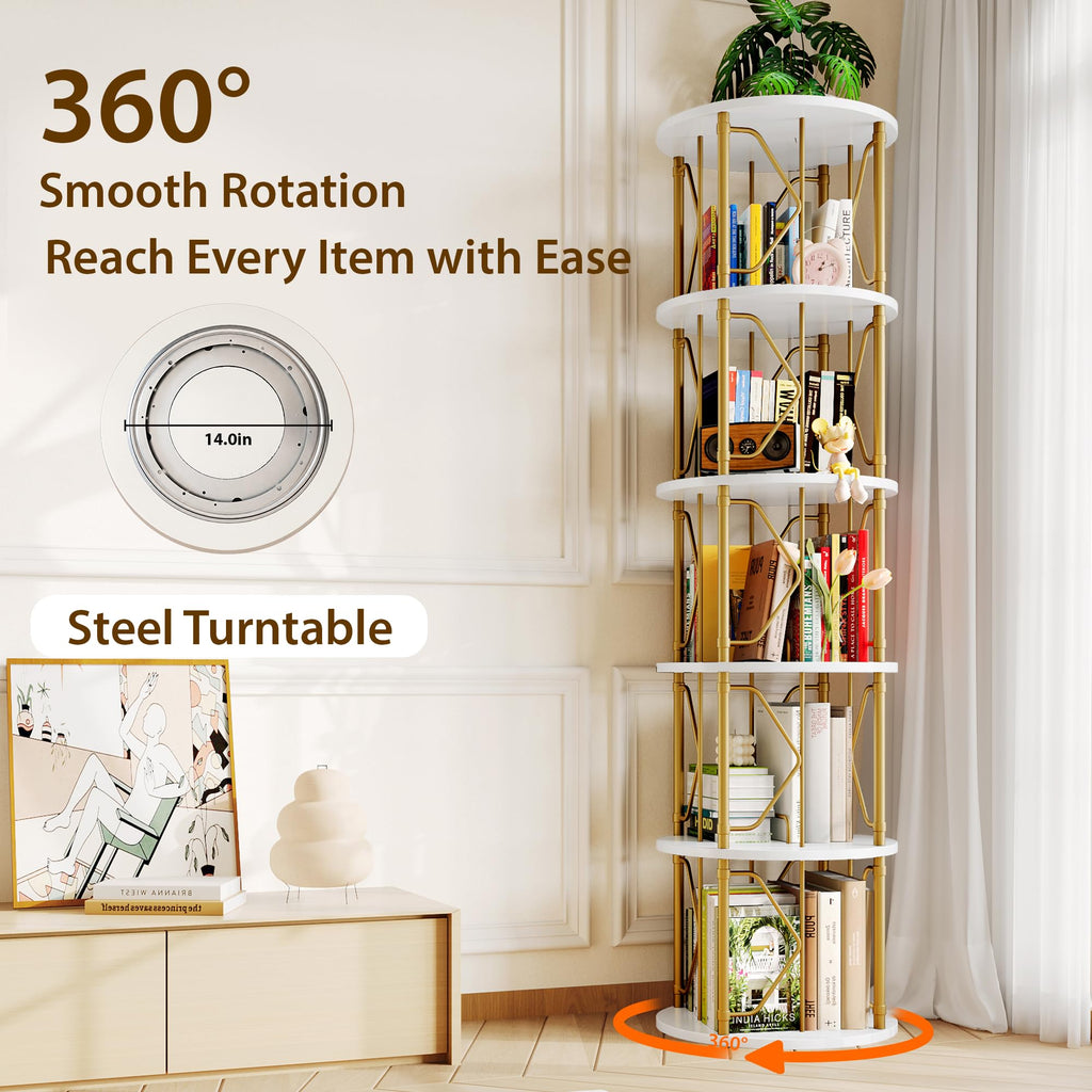 5 Tier Rotating Bookshelf Tower, Revolving Bookcase, Gold & White