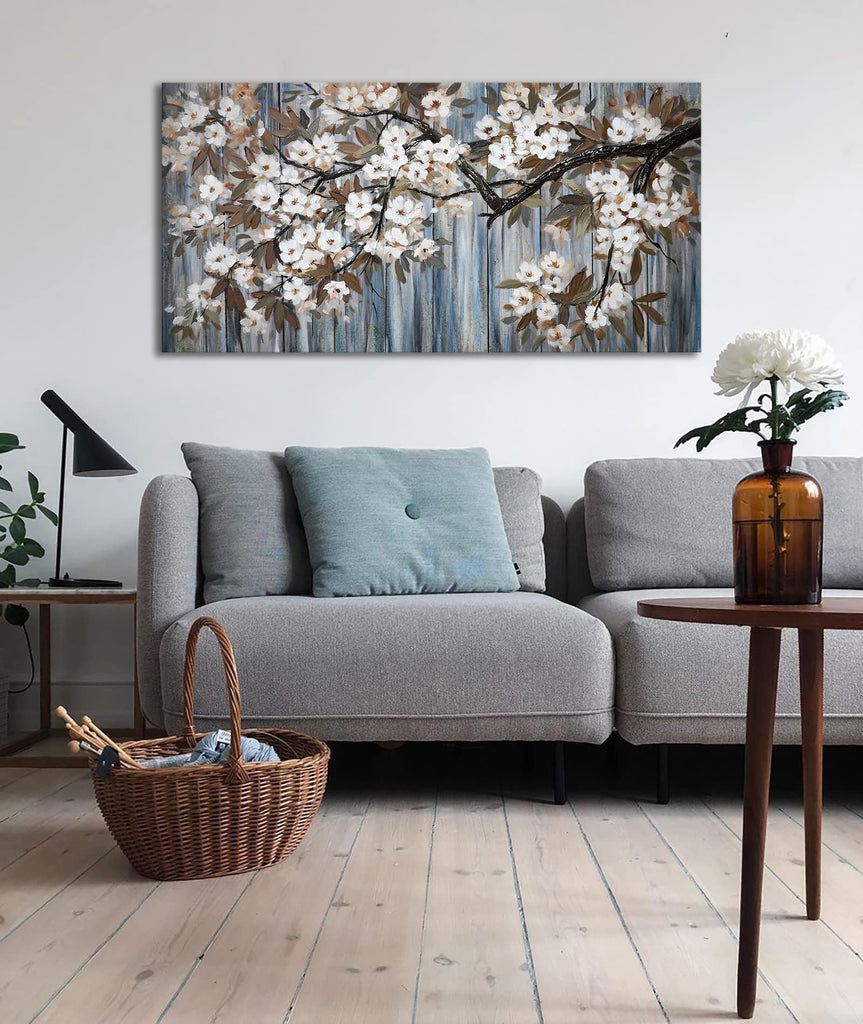Large Canvas Wall Art Wall Decor Abstract White Flower Tree with Gray Driftwood Picture Modern Framed Canvas Prints