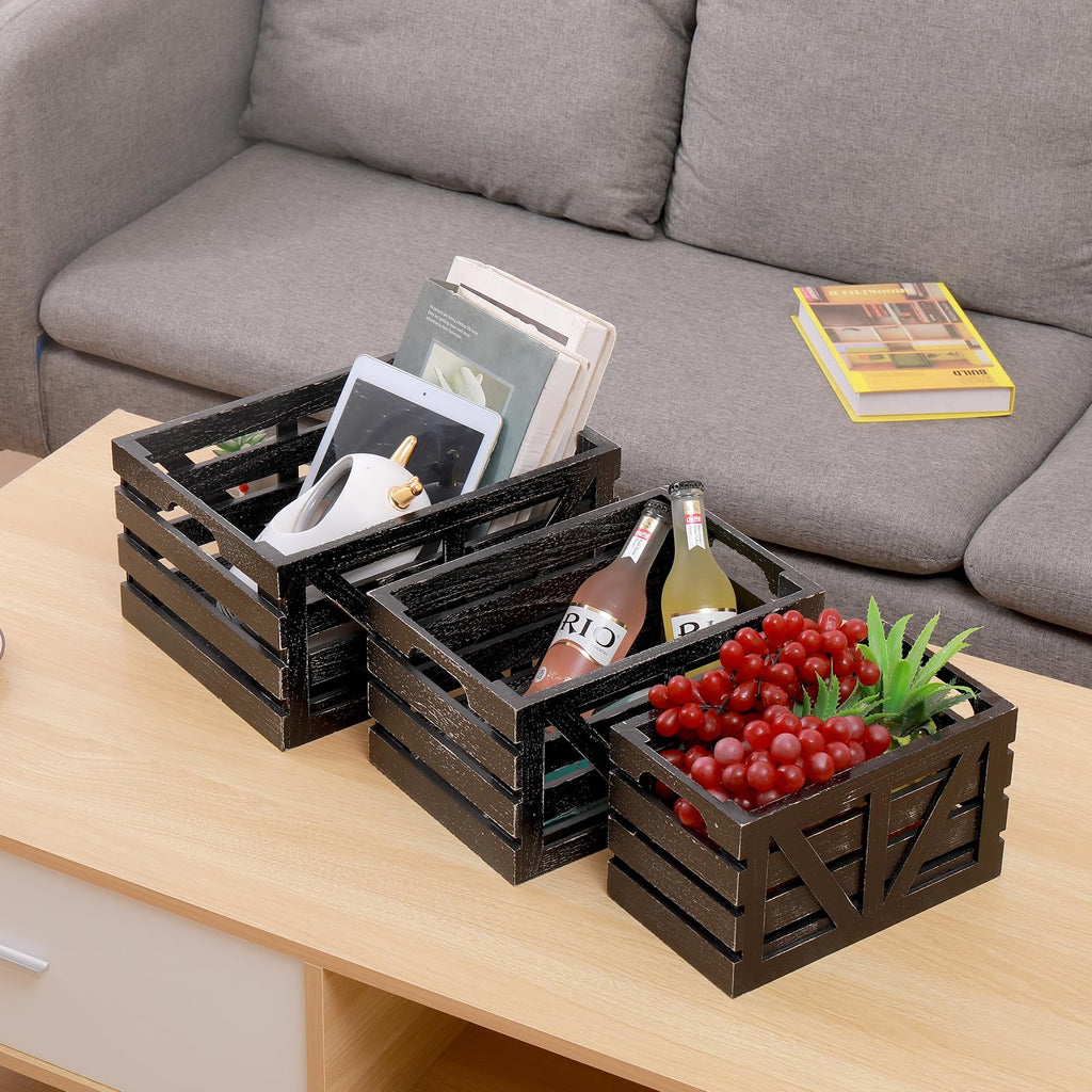 Farmhouse Storage Crates Nested Wooden Storage Crate with Handles, 3 Pack