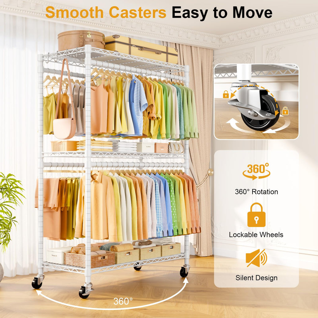 Rolling Clothes Rack, Clothing Racks for Hanging Clothes, White