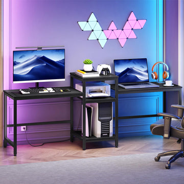 78.7" Two Person Computer Desk with Power Outlet & 3-Tier Shelf, Large Industrial Office Desk with 4 AC Outlets & 2
