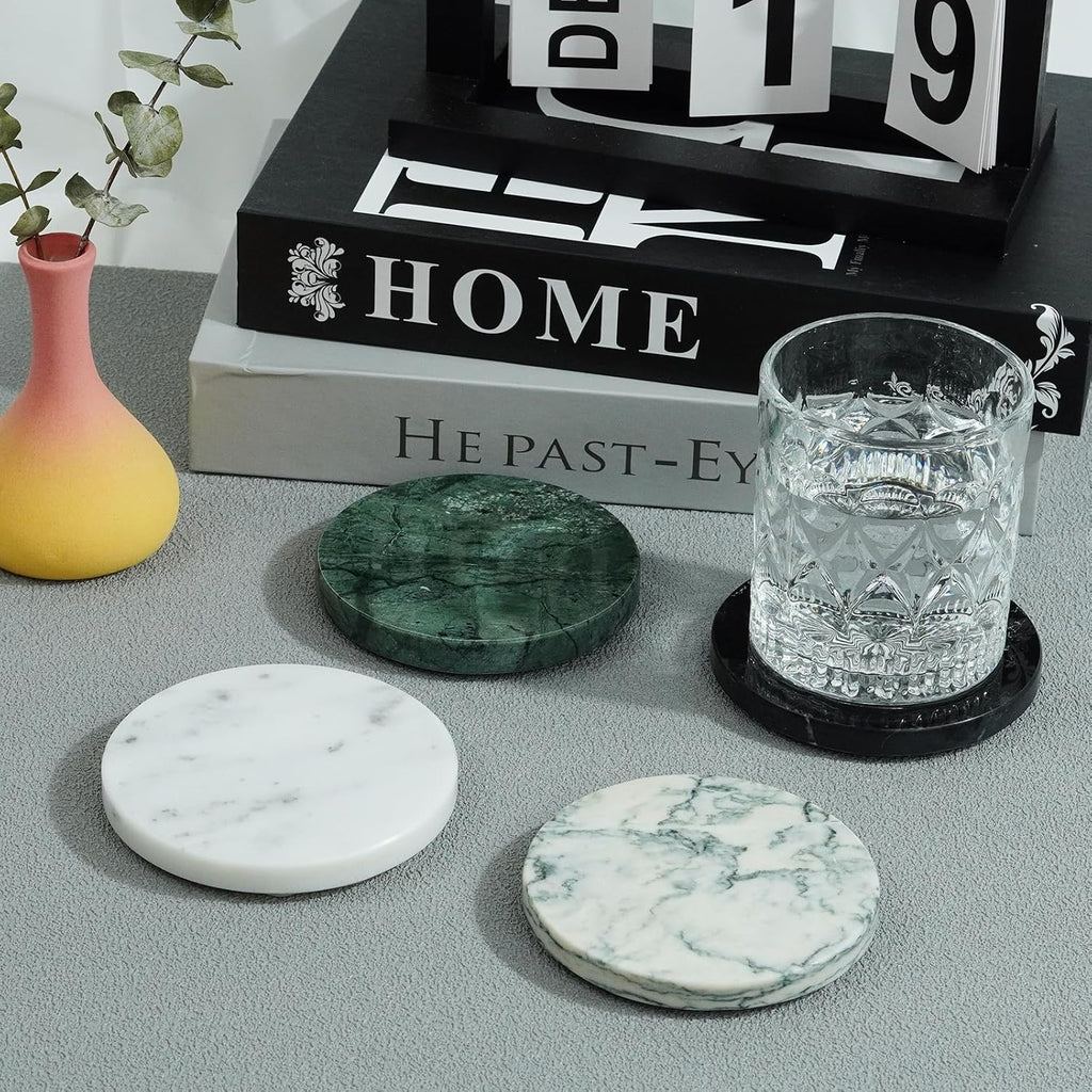 Natural Marble Coaster Round Coasters,3.9" Stone Coaster - Set of 4