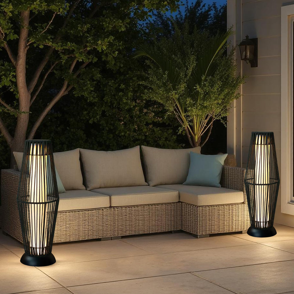 Outdoor Floor Lamp 2 Piece Solar Powered Lantern Wicker Solar Patio Lamp with Olifen Rope Waterproof Rattan Outside