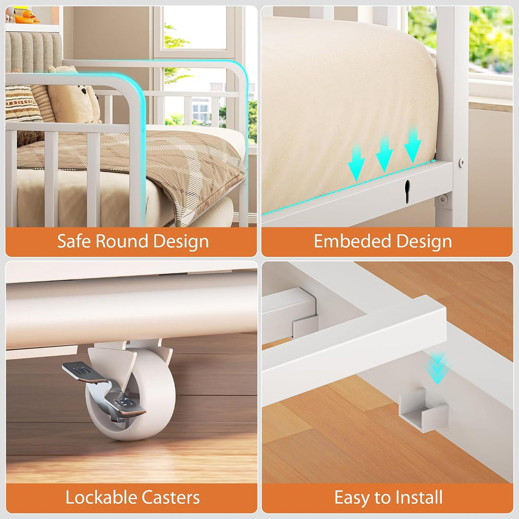 Daybed with Trundle and LED Light, Heavy Duty Metal Twin Bed Frame with Upholstered Storage Headboard & Charging