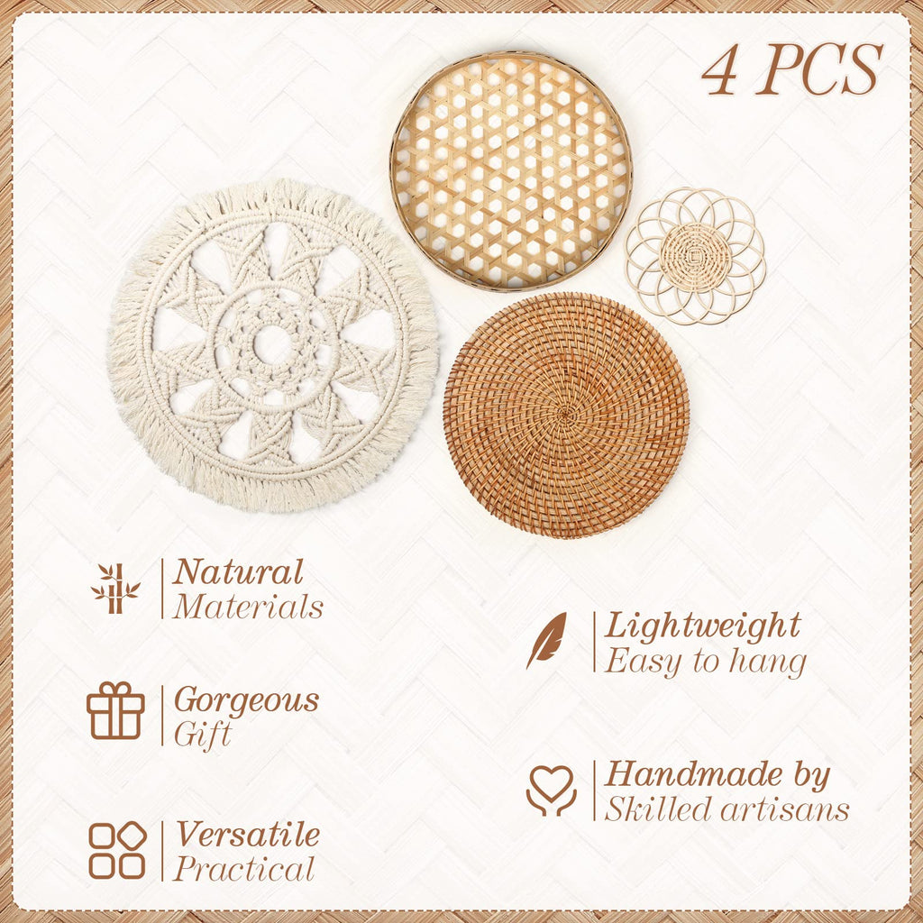 4 Pack Wall Baskets Decor, Round Rattan Bamboo Woven Boho Set