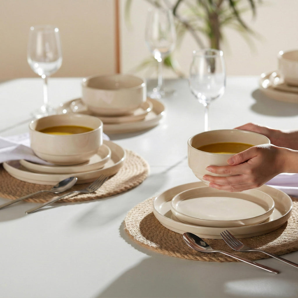 Ceramic Dinnerware Set, 12-Piece Service for 4, Soup Bowls (25 oz), Salad Plates (7.5"), Dinner Plates (10"), Round