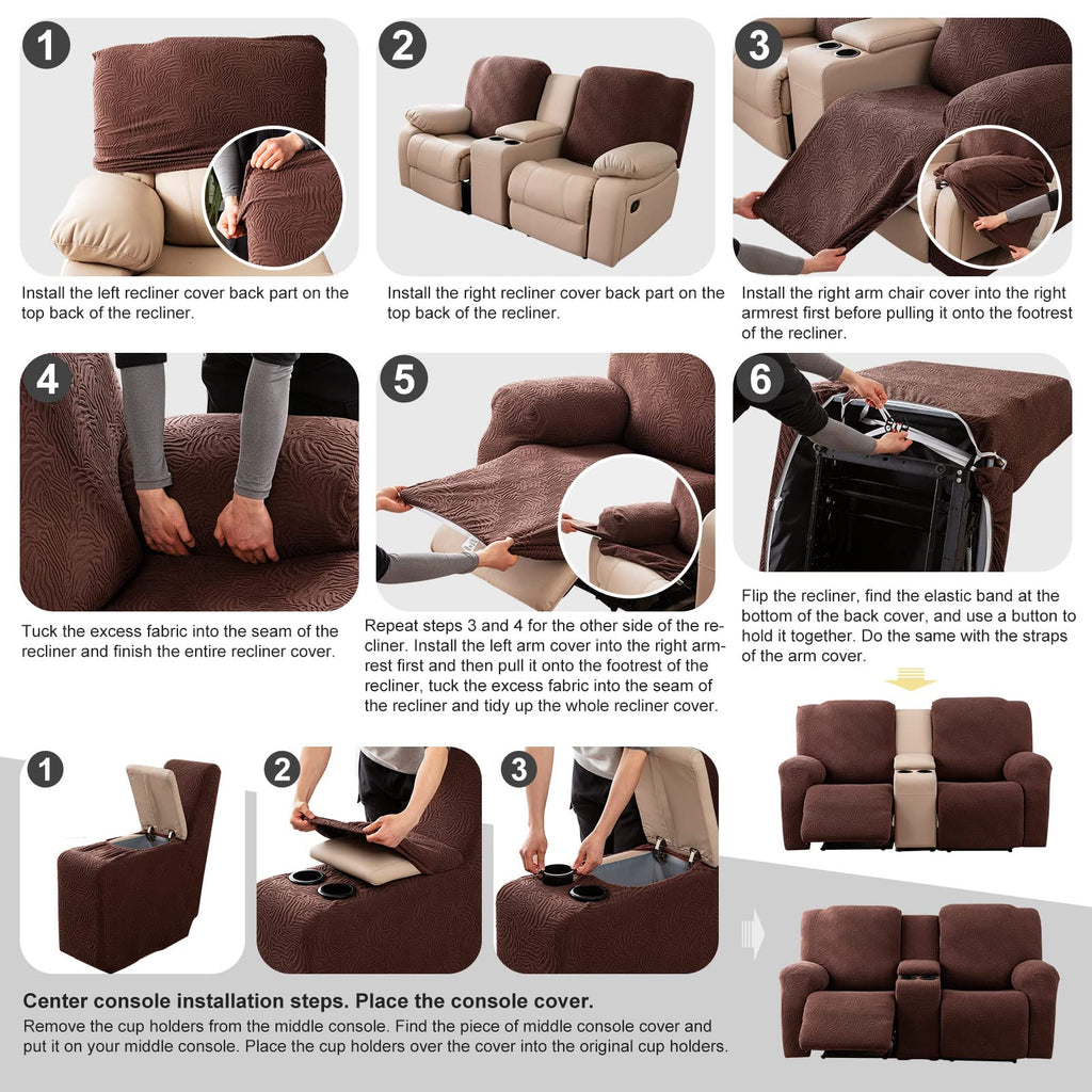 Recliner Loveseat Cover with Center Console, 2 Seater Jacquard Recliner Sofa Slipcover with Pockets Washable Stretch