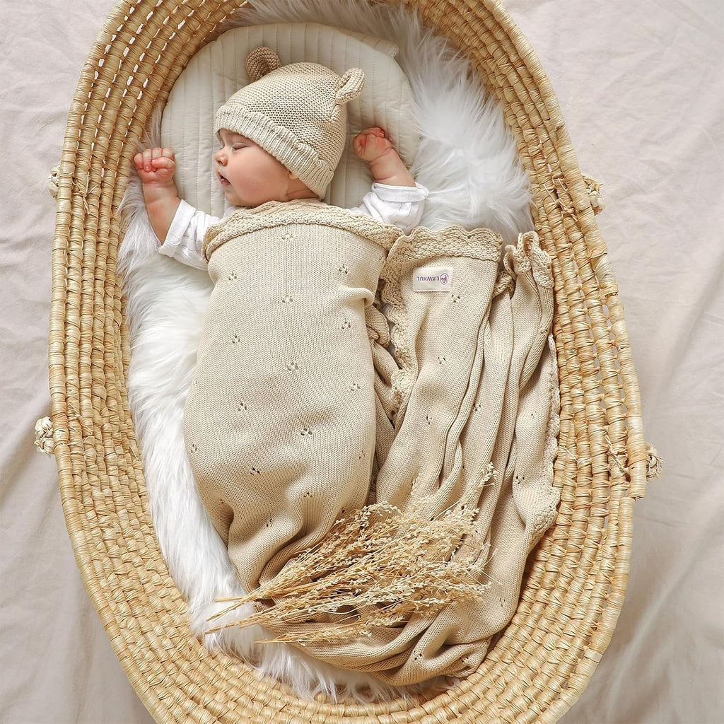 100% Organic Cotton Baby Blanket and Beanie Hat Set, Beige