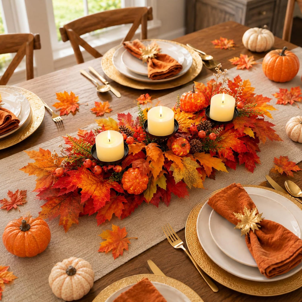 27.56" Fall Candle Holder Centerpiece, Thanksgiving Table Decor with Metal Candle Cups Large Foldable Autumn Leaves