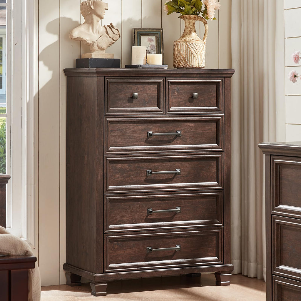 Farmhouse 6 Drawer Dresser, 45 Inch Tall Vintage Wood Chest of Drawers, Mid-Century Dressers w/Square Wooden Legs