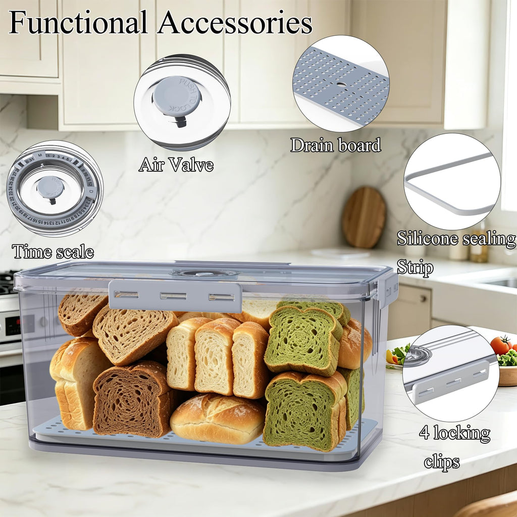 Clear with Lid,Time Recording Airtight Bread Container Grey