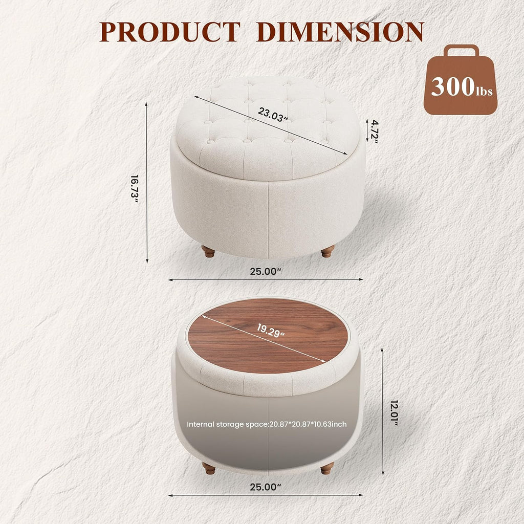 25" Round Ottoman with Storage, Small Coffee Table with Reversible Tray Lid | Tufted Fabric Round Storage Ottoman