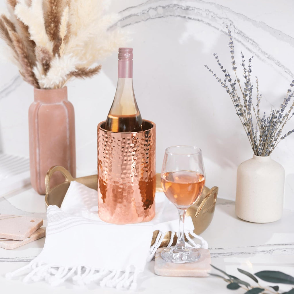 Hammered Rose Gold Single Bottle Wine Chiller - Copper Double-Walled Insulated Wine Cooler - Wine Bucket Chiller