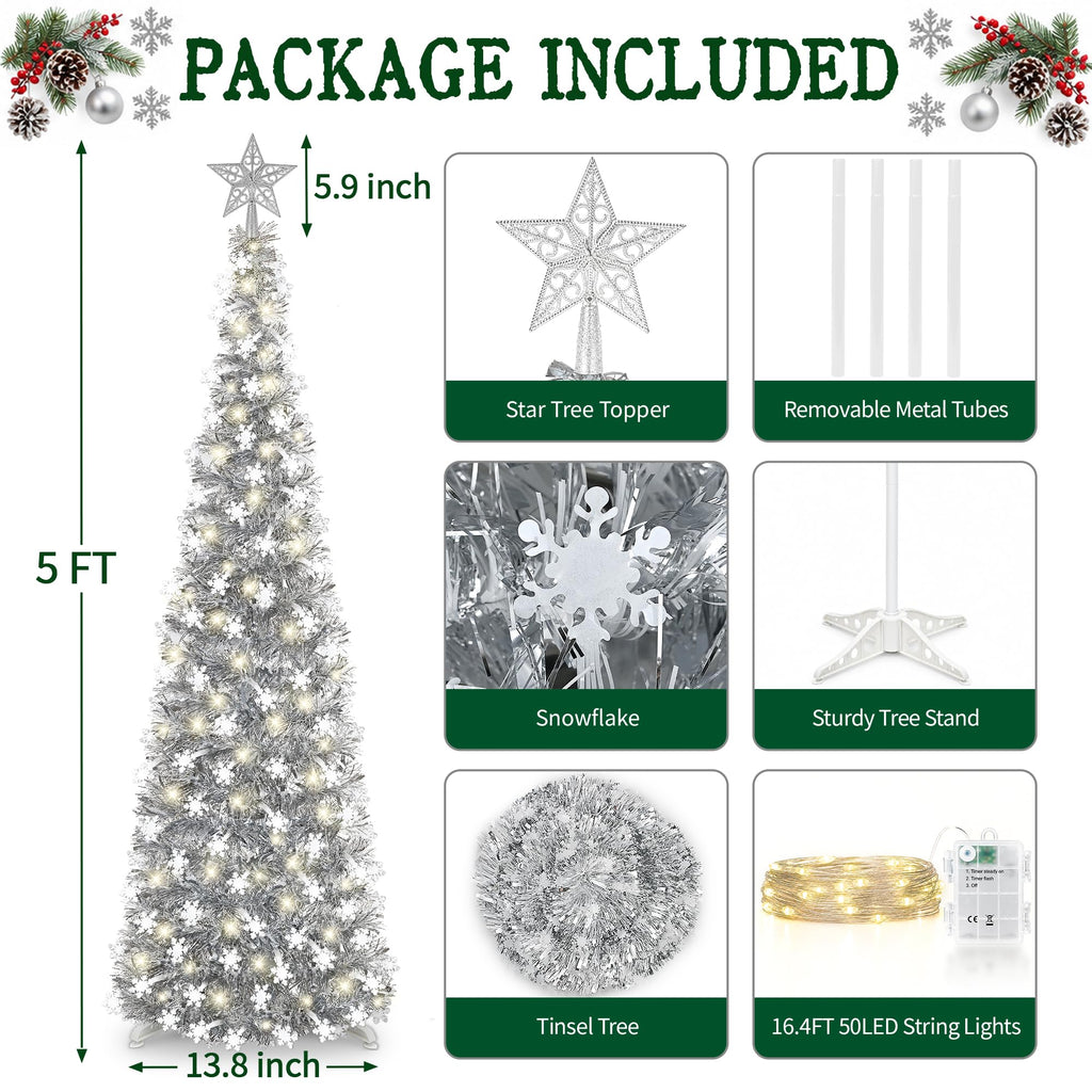 5FT Pop-up, Christmas Decor Silver White Snowflake with Timer String Lights, Collapsible Artificial Pencil Tree Xmas