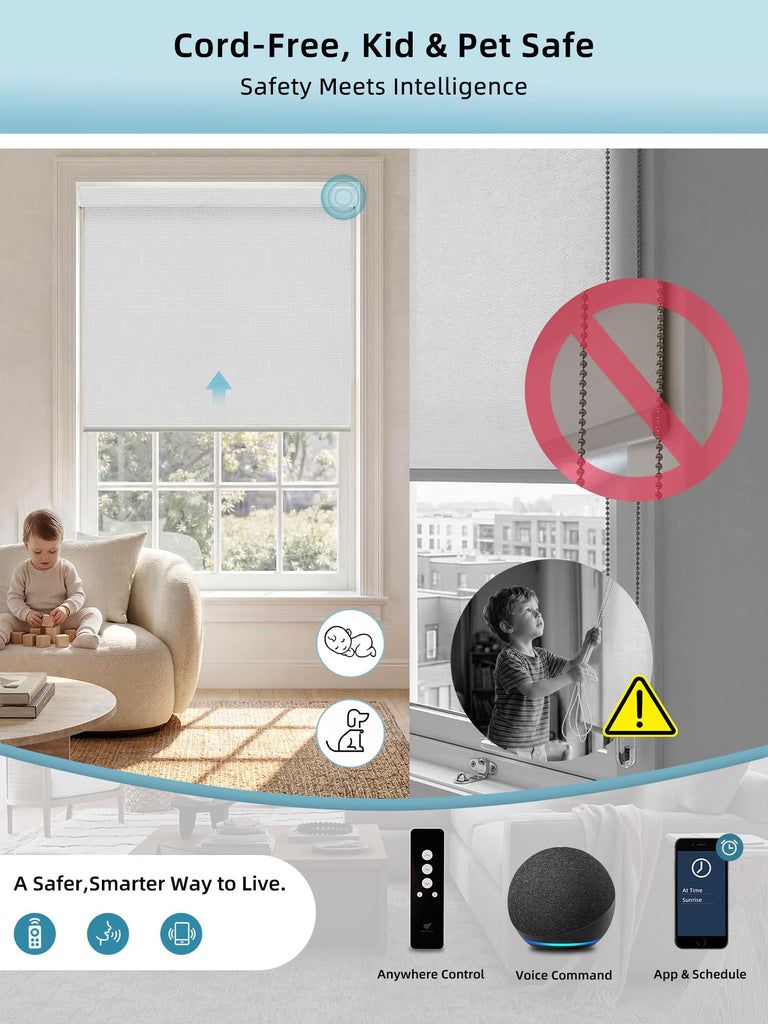 Motorized Smart Roller Shades, 100% Blackout Safari White