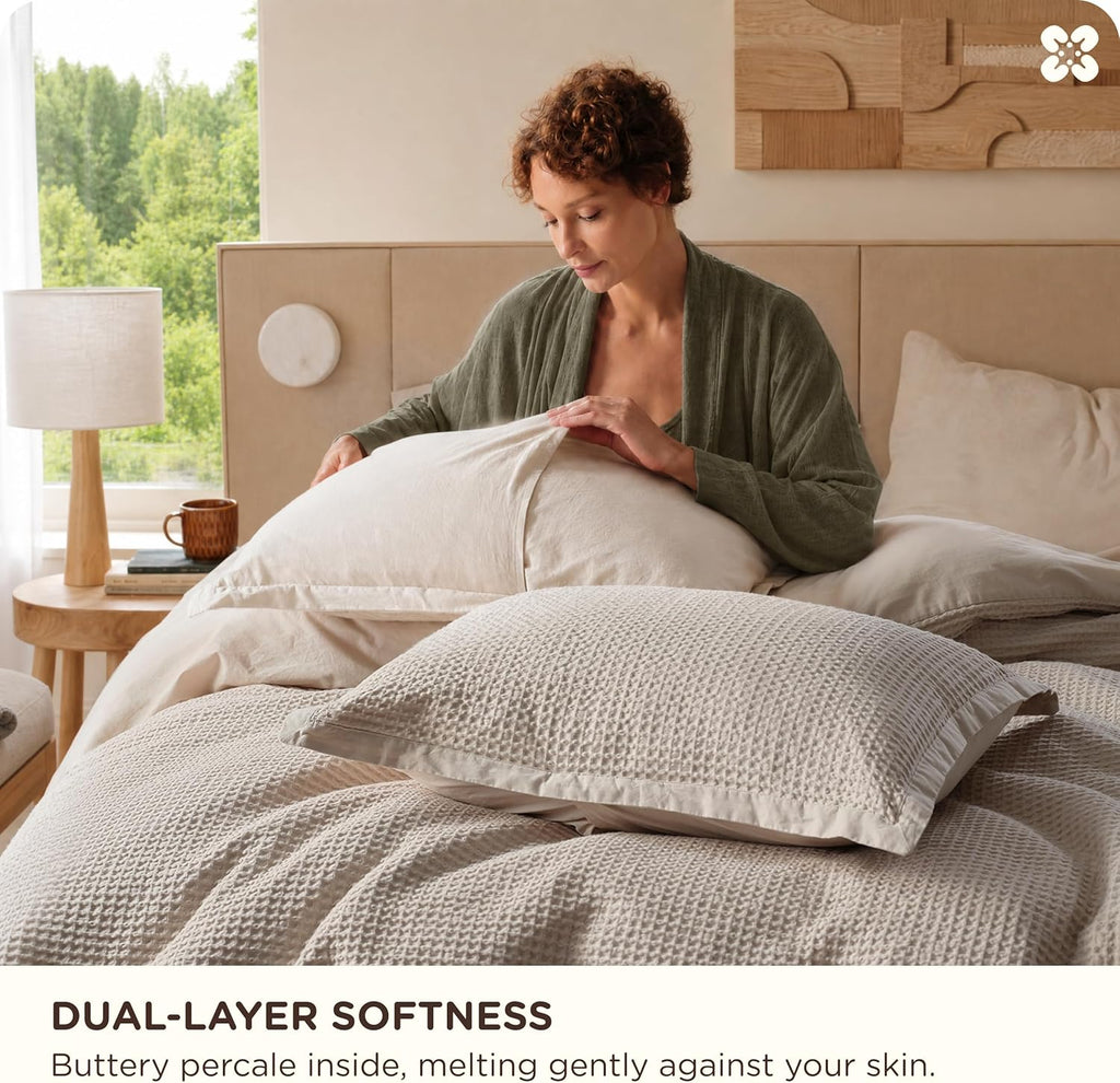 Cotton Duvet Cover Queen - 100% Cotton Waffle Weave Linen Color Duvet Cover Queen, PureWoven Breathable Bedding Set