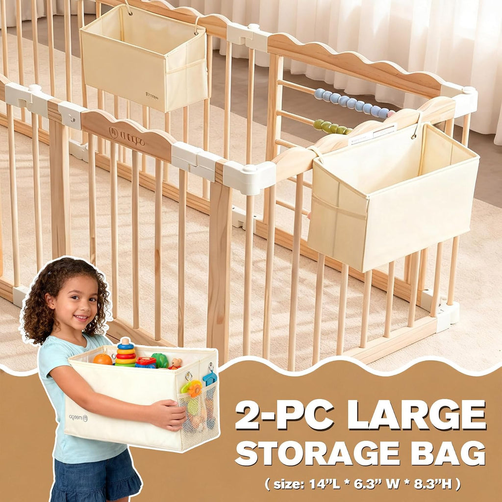 Foldable Wooden Baby Playpen, Adjustable Play Yard, 57x57x25in | Adjustable Shape & Size with 2-Pack Storage Bags