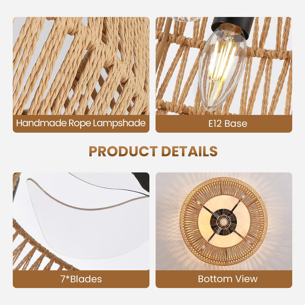 24 Inch Boho Rattan Cage Ceiling Fan with Light Low Profile
