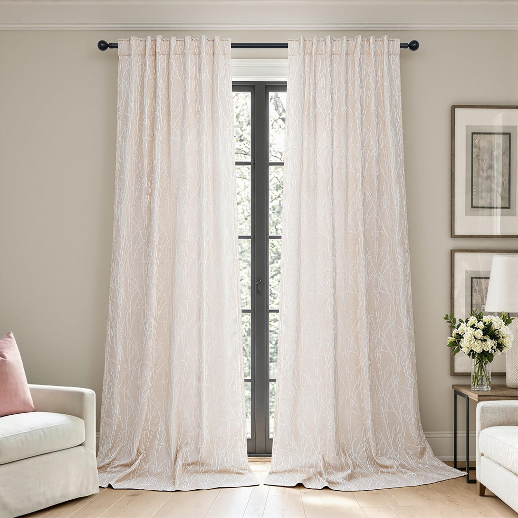 Light Beige Patterned Curtains 96 Inch Long Dining 2 Panels Back Tab Pocket Tree Botanical Design Toile Bold Room