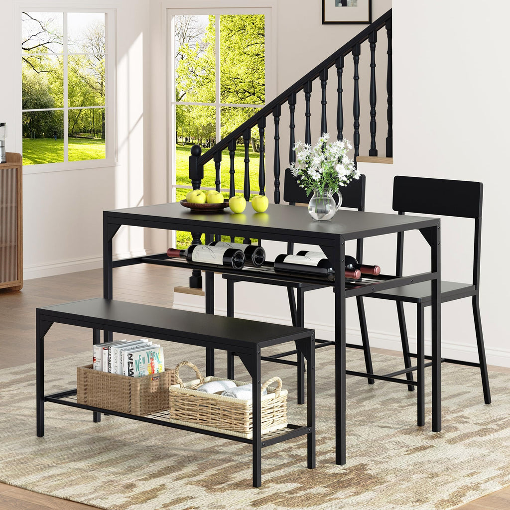 Dining Table Set for 4 with Bench and Chairs, Black