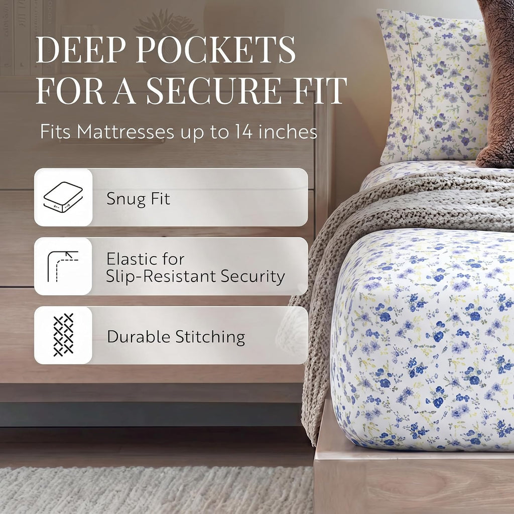 4 Piece Queen Sheet Set - Breathable, Double-Brushed Patterned Cooling Sheets - Ultra Soft & Wrinkle-Free 16"