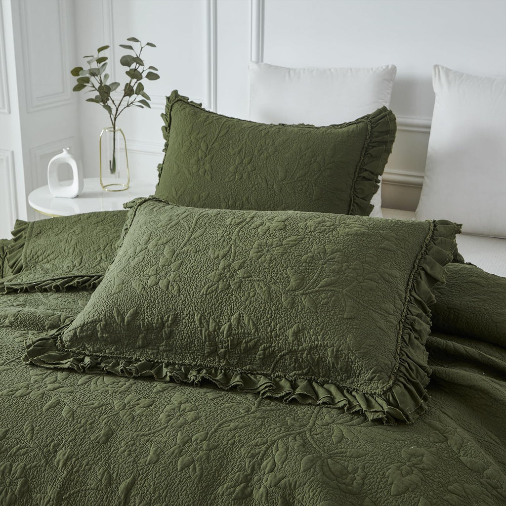 Olive Green Quilt Set Cotton Ruffled Floral Coverlet 3PC
