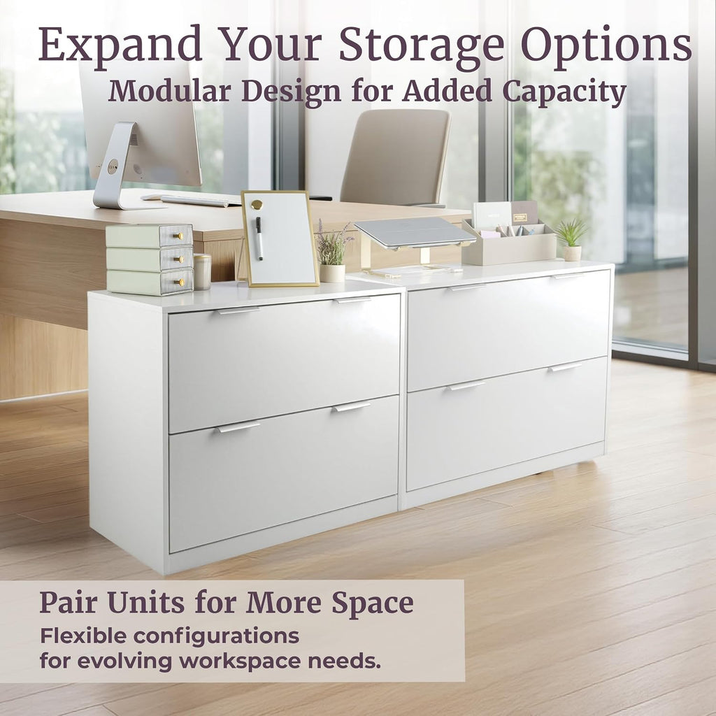 2 Drawer File Cabinet - Wooden Lateral Filing Cabinet with 2 Large Storage Drawers and Adjustable Hanging File Bars